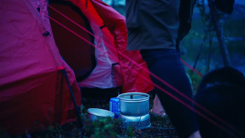 A Couple Are Cooking With Their Dog On Camping Site Of Rago National Park In Norway. Close-up Shot