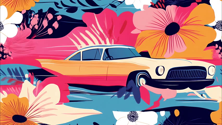 Seamless looped animated background, modernist style vintage car driving through an abstract floral pattern, flat vector cartoon style, retro vibe, horizontal motion