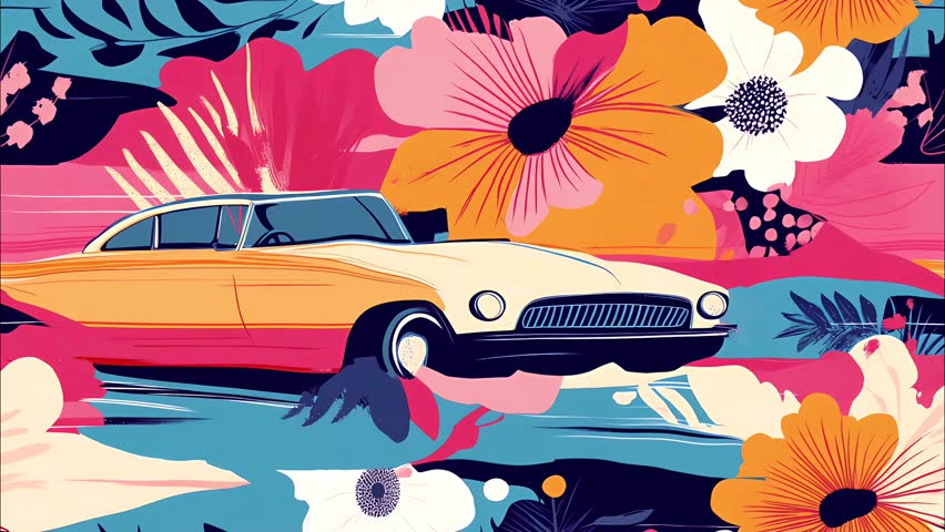 Seamless looped animated background, modernist style vintage car driving through an abstract floral pattern, flat vector cartoon style, retro vibe, horizontal motion