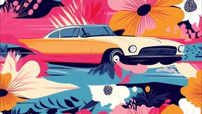 Seamless looped animated background, modernist style vintage car driving through an abstract floral pattern, flat vector cartoon style, retro vibe, vertical motion - Powered by Shutterstock - Get 15% off with code: PIKWIZARD15