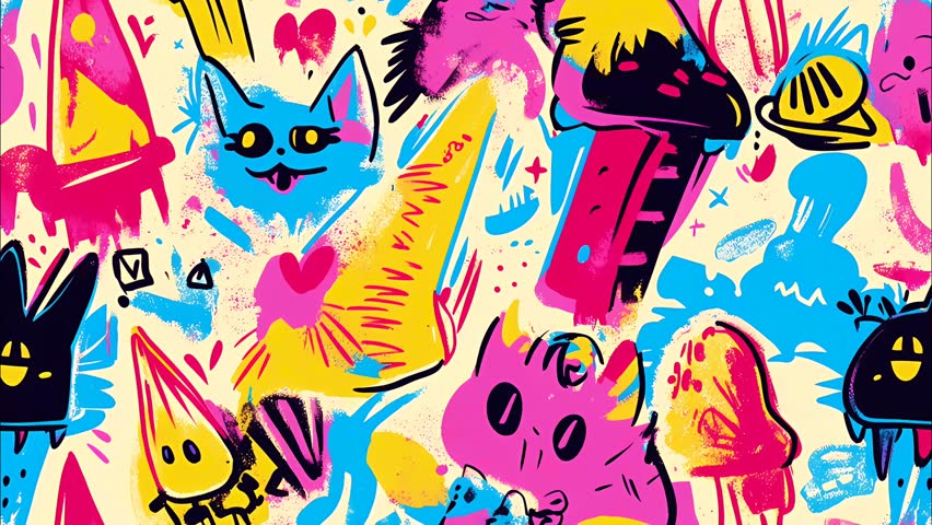 Animated risograph illustration, Graffiti Art seamless looped pattern background of cute and playful cartoon cats and ice-creams, party vibe, paintbrush hand-drawn 2d animation, diagonal motion