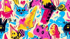 Animated risograph illustration, Graffiti Art seamless looped pattern background of cute and playful cartoon cats and ice-creams, party vibe, paintbrush hand-drawn 2d animation, diagonal motion - Powered by Shutterstock - Get 15% off with code: PIKWIZARD15