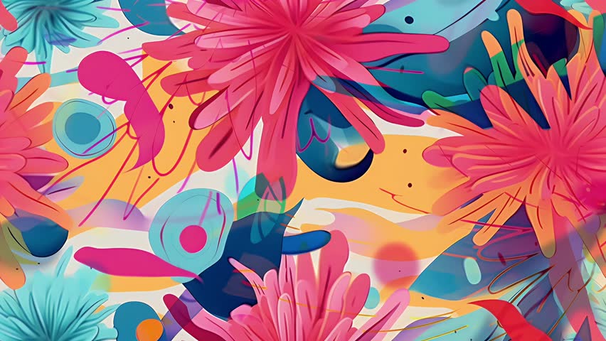 A vibrant and colorful illustrated chrysanthemums flowers cartoon seamless looped background, diagonal motion with parallax 