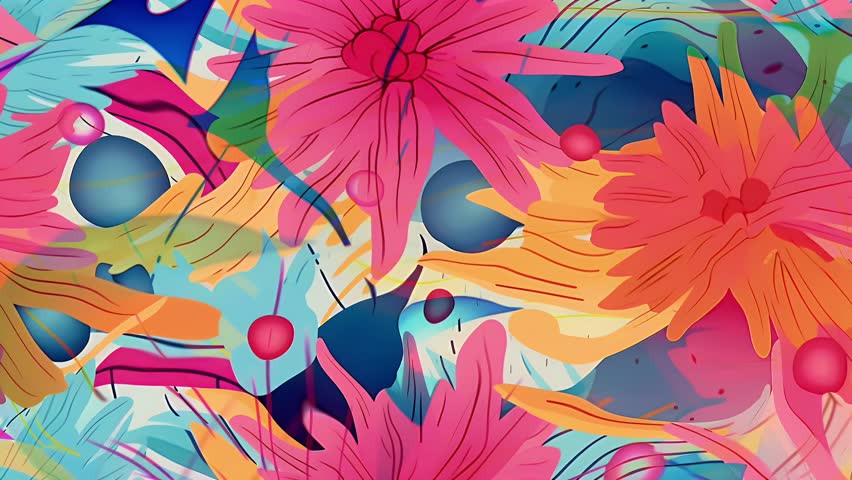 A vibrant and colorful illustrated chrysanthemums flowers cartoon seamless looped background, horizontal motion with parallax