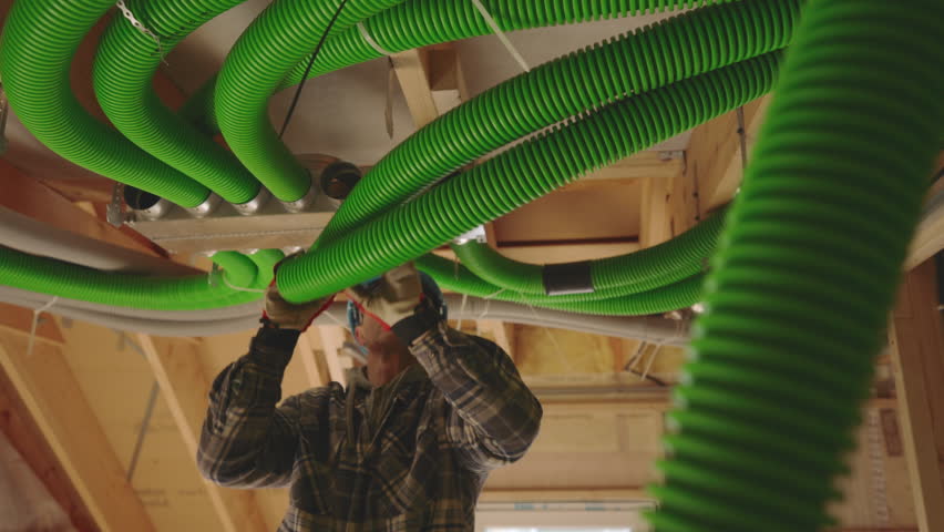 A skilled worker installs ventilation ducts on the ceiling of a construction site. Wearing safety gear, he carefully connects the flexible tubes meant to improve air circulation in the building.