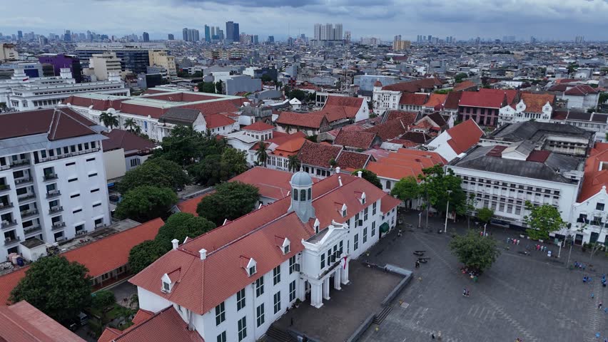 Aerial video Taman Fatahillah Jakarta History Museum, Kota Tua Batavia Old Town, Jakarta, Indonesia.
