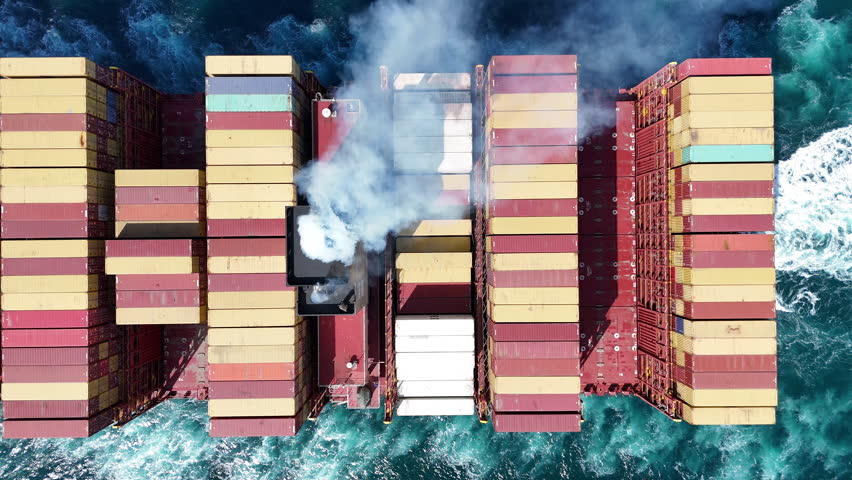 Smoke exhaust gas emissions carbon dioxide from cargo lagre ship container ship,Marine diesel engine exhaust gas from combustion, Gas Emission Air Pollution from transportation. green house effect Eco