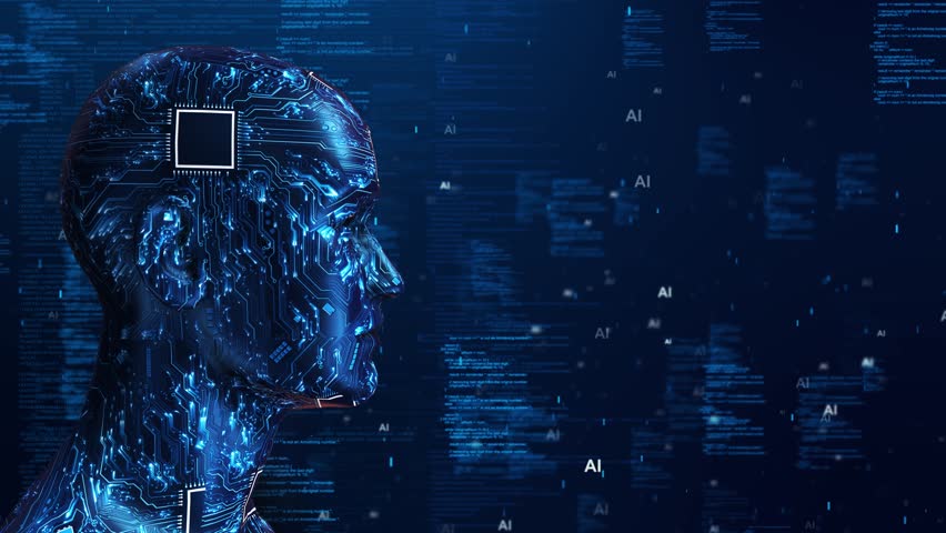 Futuristic AI tech machine learning Cyber Technology Innovation Artificial intelligence cyber brain animation. Modern robot revolution circuit board Digital Big Virtual Data Flow Deep Learning concept
