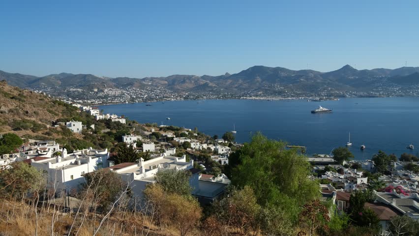 A panoramic summer view of Yalıkavak bay. Beautiful holiday resort on the Bodrum peninsula. Mugla province, Turkey country - 4k video