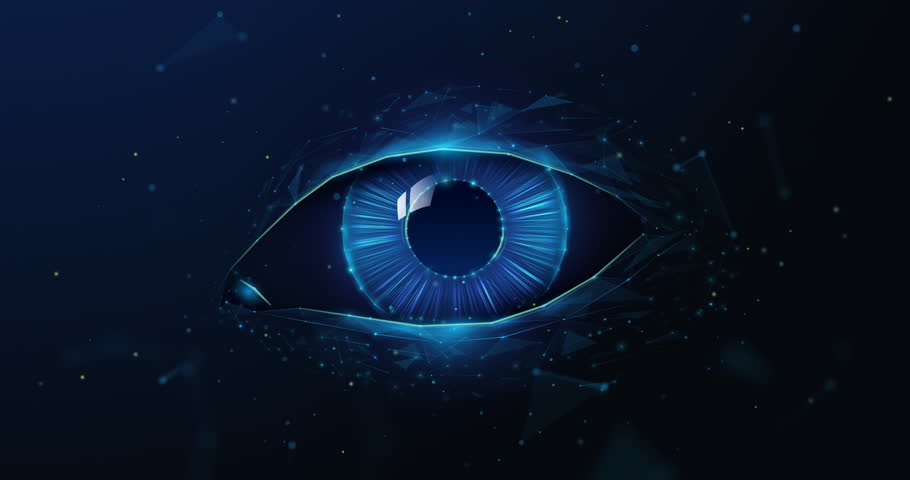 Lowpoly Animation of Human Eye Iris Closeup. Computer vision, biometrics authentication access, artificial intelligence technology animated looped concept by wireframe mesh on blue background