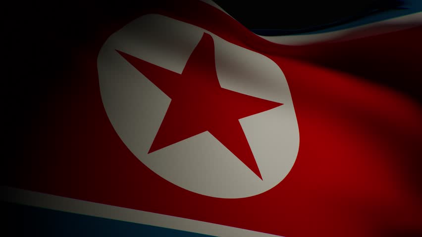 A closeup, spotlight-lit realistic 3D animation of the North Korean flag waving, showcasing its iconic design and smooth, flowing motion.