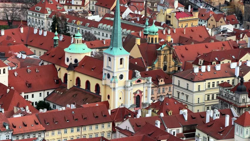 An aerial view of the cityscape of Prague, the capital of Czech Republic at sunset