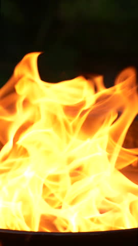 Barbecue grill, vertical slow motion burning fire flame, bbq picnic in backyard
