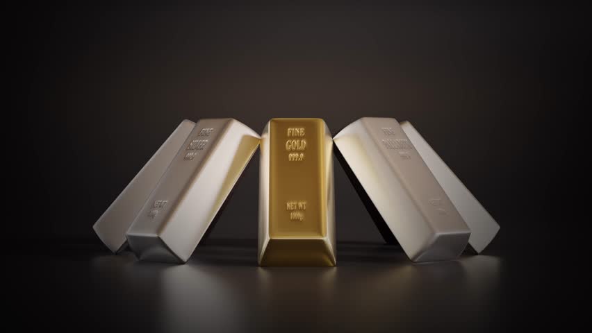 3d infinite loop animation of eight common precious metal bars arranged into prism on black background