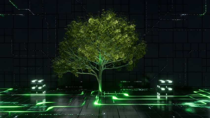 Futuristic Tree provide green energy. Green power clean electricity energy. AI future energy source