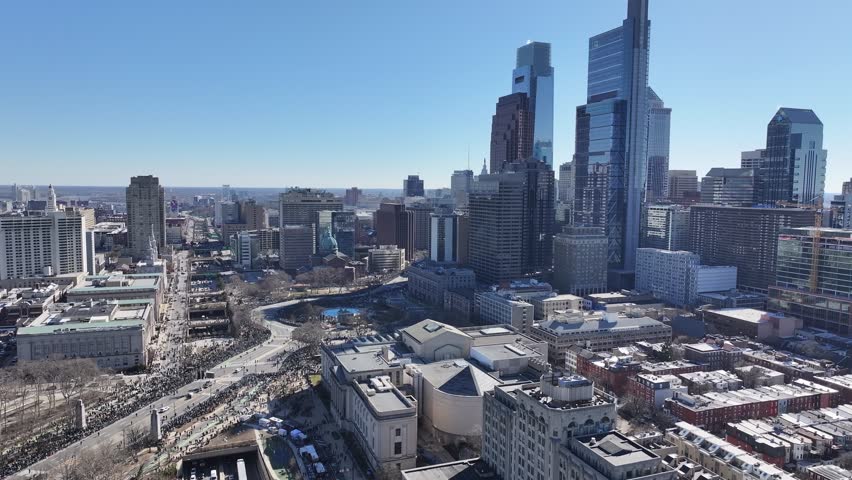 Logan Square At Philadelphia In Pennsylvania United States. Eagles Superbowl Parade. Downtown City. Logan Square At Pennsylvania United States. Crowd Of People Scene.