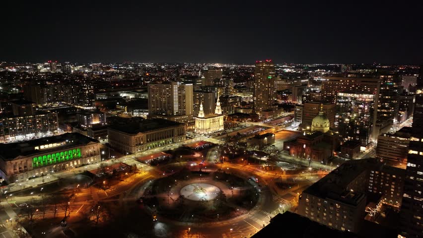 Night View Of Illuminated Church At Philadelphia In Pennsylvania United States. Illuminated Downtown. City At Night Scene. Philadelphia At Pennsylvania United States. Philadelphia City District.