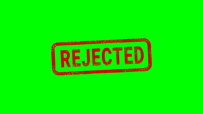 Appearance of a dirty red stamp mark "REJECTED" surrounded by a rounded frame  from above on a green screen with alpha channel