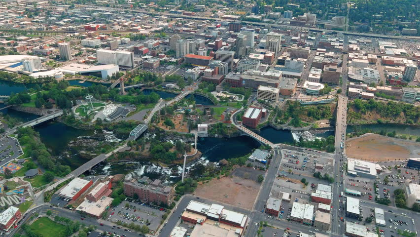 Spokane downtown city center and park, aerial landscape