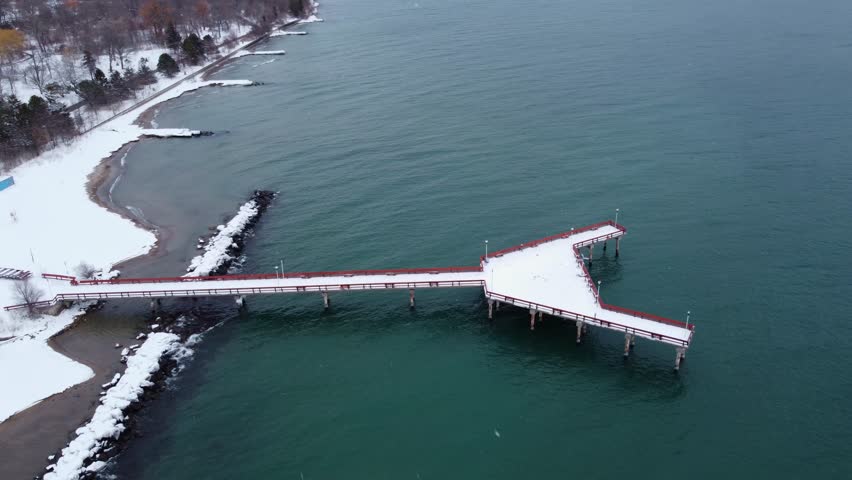 Aerial winter view of Centre Island Pier on Toronto Islands 4K