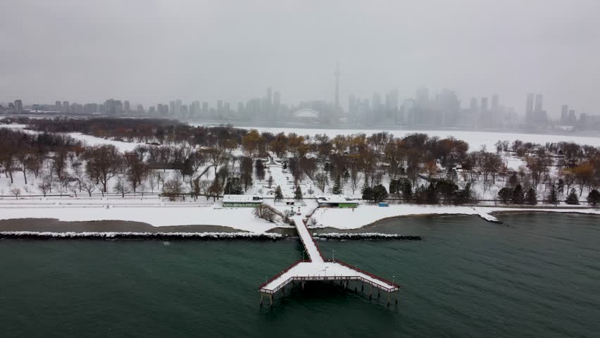 Aerial winter view of the Toronto Islands 4K