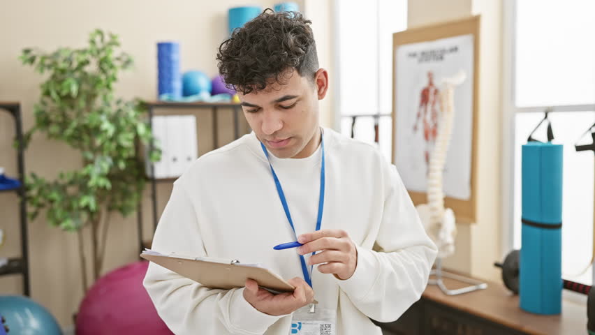 Amazed young arab man, mouth wide open in shock and disbelief, holds clipboard in physiotherapy clinic - mixture of fear and surprise on his handsome face
