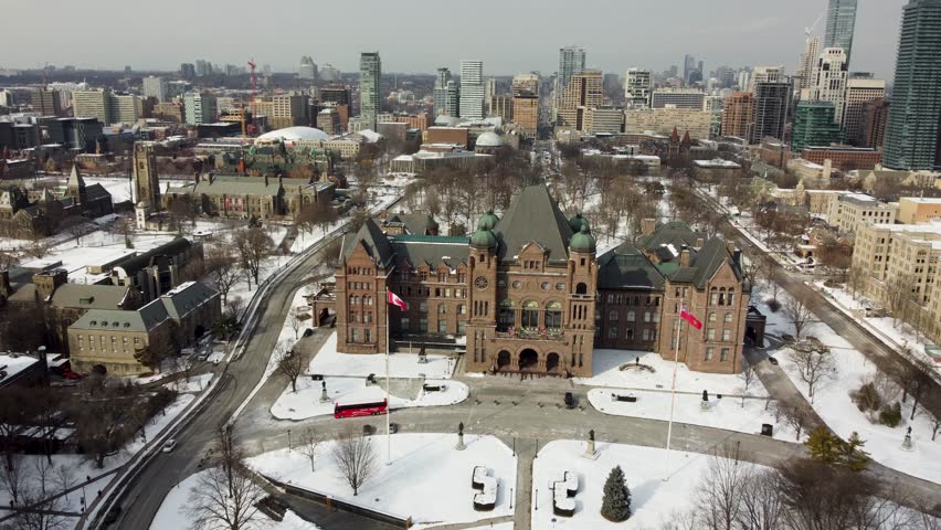 Aerial winter view of the Legislative Assembly of Ontario 4K