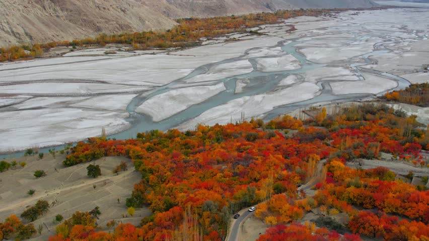Footage of orange and red color trees due to atumn with snowy surface at background in Skardu, Pakistan.