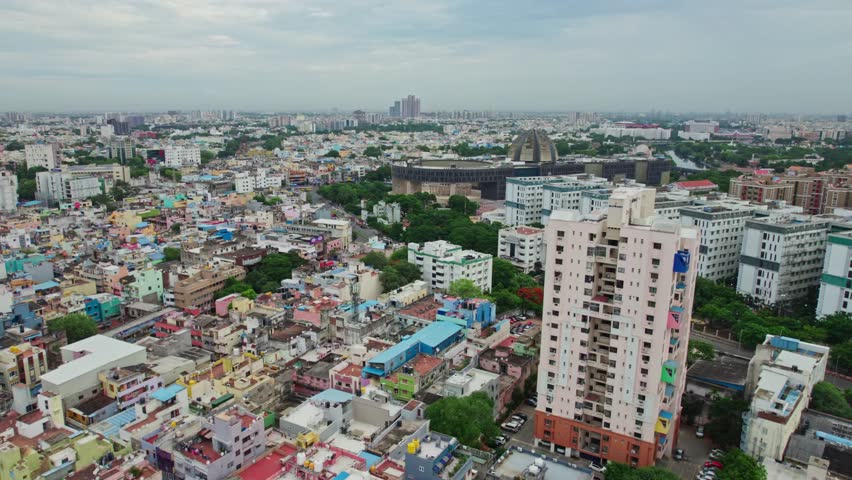 Narayana Arihant Ocean Tower with government medical college and Government Multi Super Speciality Hospital at Triplicane, Chennai, Tamil Nadu, india. day time, push in, drone shot, 4k.