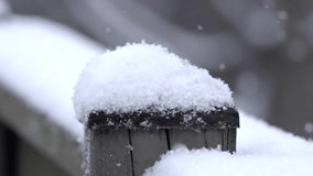 Falling snowflakes in slow motion on a wooden fence, winter weather outside, close up of snowfall, static shot, copy space - Powered by Shutterstock - Get 15% off with code: PIKWIZARD15