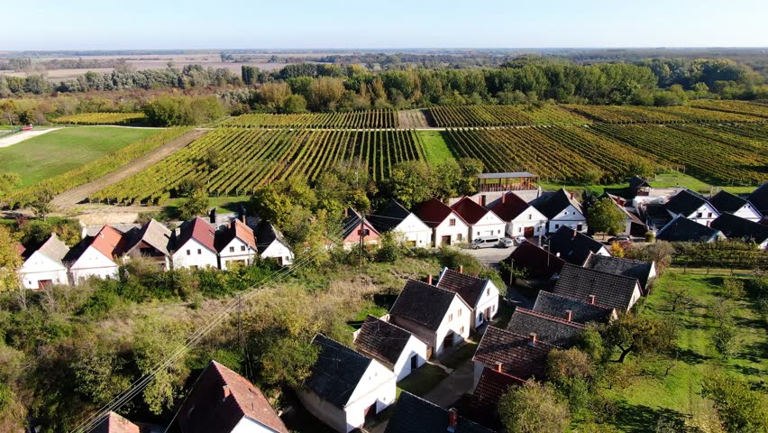 Nemesnádudvar village in hungary’s swabian wine region, showcasing wine cellars, aerial view