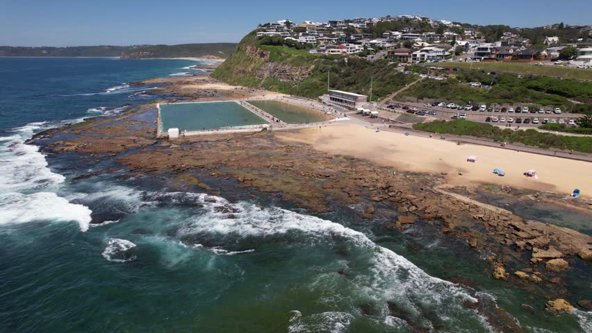 Merewether Ocean Baths And Beach In NSW, Australia - Aerial Drone Shot