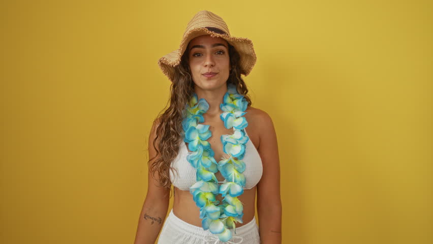 Comical young hispanic woman in bikini with hawaiian lei making a crazy fish face over isolated yellow background