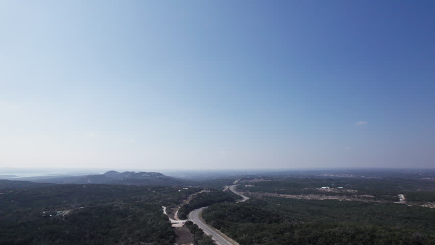High angle aerial view of the Texas Hill Country and FM32 Road, near Canyon Lake, Tx