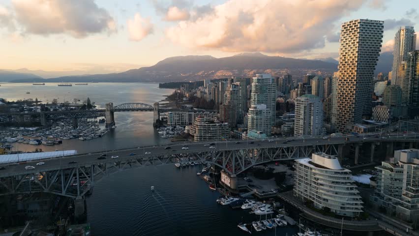 Vancouver downtown twilight drone footage