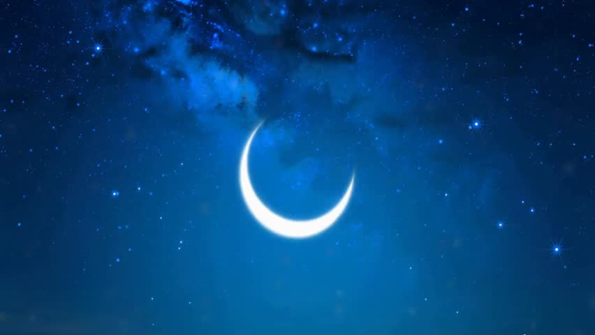 Night sky video filled with twinkling stars and a large crescent moon, with 'Ramadan Kareem' calligraphy subtly appearing in the center. The stars sparkle slowly, creating a mesmerizing and serene.