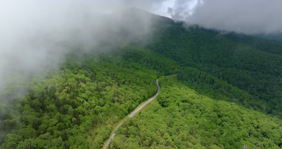 Blue Ridge Parkway in summer rainy season. Mountain pass road in North Carolina Appalachian mountains, USA