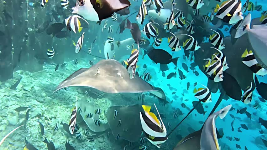 Sting ray and other black and white fishes in sea