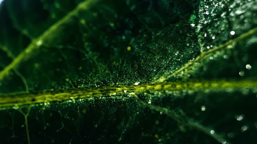 A captivating closeup view of a leaf, displaying numerous droplets and stunning vein patterns in vivid green shades