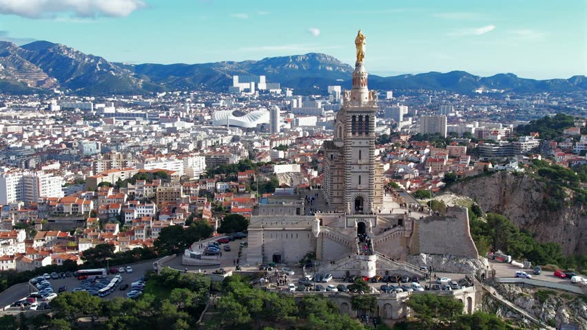 Notre-Dame-de-la-Garde in Marseille during springtime from above