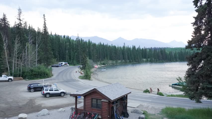 Beautiful sunset lighting up Pyramid Lake and the surrounding landscape in Jasper.