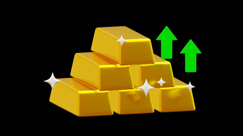 Gold Bars Price Increase. Rising Gold Bars with Green Up Arrows and Sparkles animation