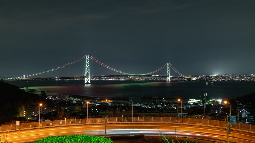 Akashi Kaikyo Ohashi (a.k.a. Pearl Bridge) Connecting Awaji Shima Island to Honshu Main Island at Night (Timelapse)