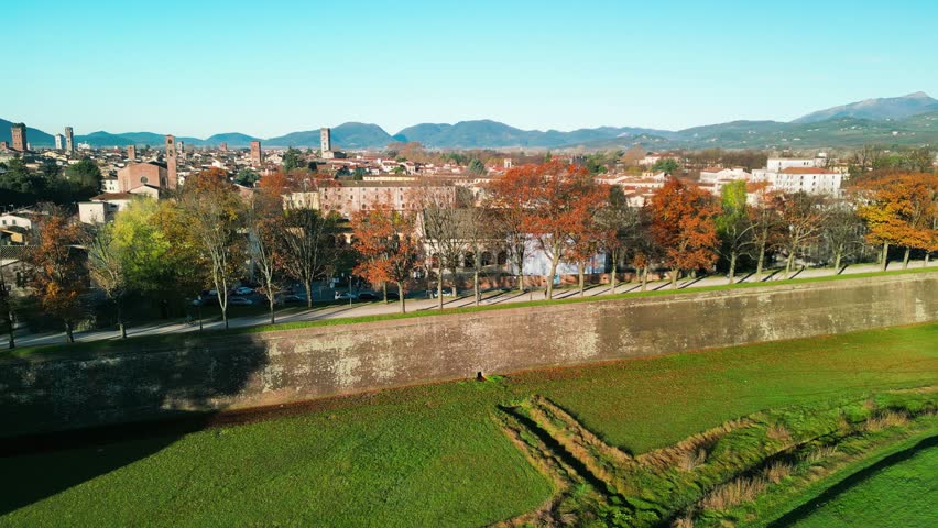 Aerial view of Lucca in Tuscany on a beautiful autumn day