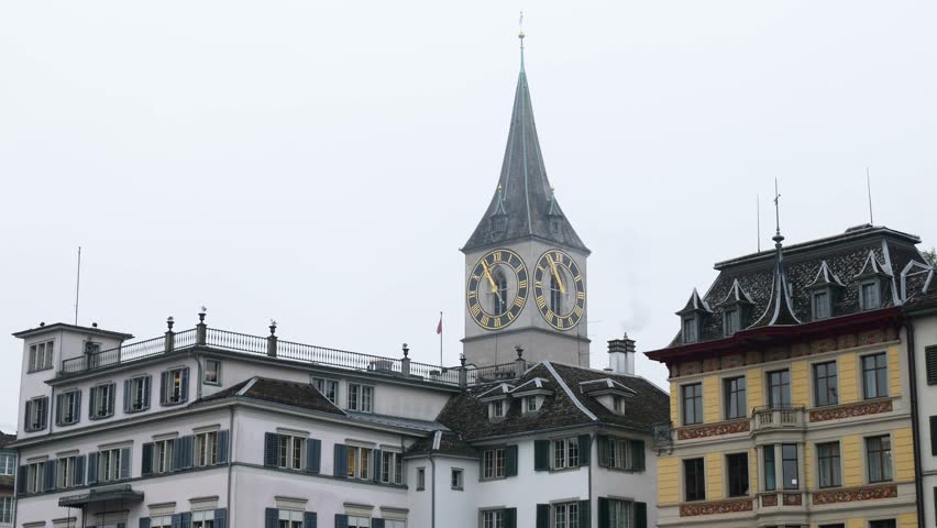 riverside zurich’s old town switzerland scene includes limmat river historical buildings churches close up panning shot scenery cultural charm picturesque surroundings