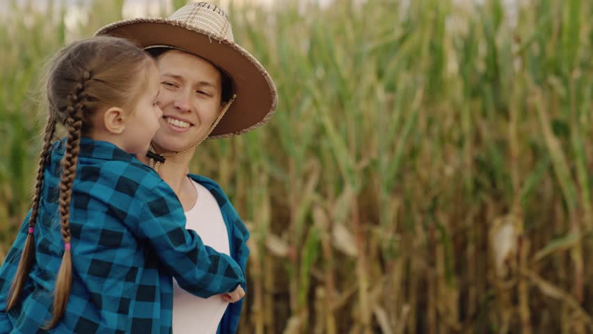 Farmer mom works in cornfield with his little daughter. Happy family, mother child walk together on corn plantation in autumn. Farmer Mother, daughter in corn field, looking at corn harvest together.