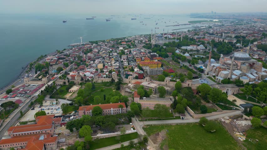 Blue Mosque, Hagia Sophia and Topkapi Palace aerial view from Bosporus Strait in Sultanahmet district in historic city of Istanbul, Turkey. Historic of Istanbul is a UNESCO World Heritage Site. 