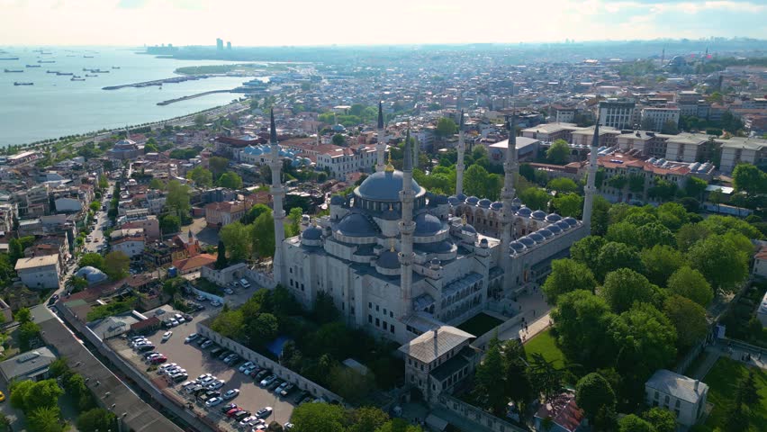 Blue Mosque Sultan Ahmet Camii aerial view in Sultanahmet in historic city of Istanbul, Turkey. Historic Areas of Istanbul is a UNESCO World Heritage Site since 1985. 