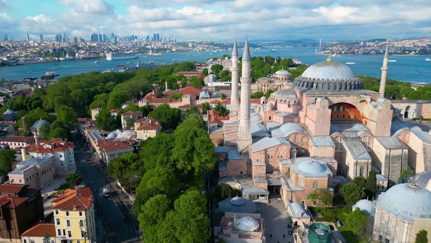 Hagia Sophia, Topkapi Palace with Golden Horn aerial view from Bosporus Strait in Sultanahmet district in historic city of Istanbul, Turkey. Historic of Istanbul is a UNESCO World Heritage Site. 