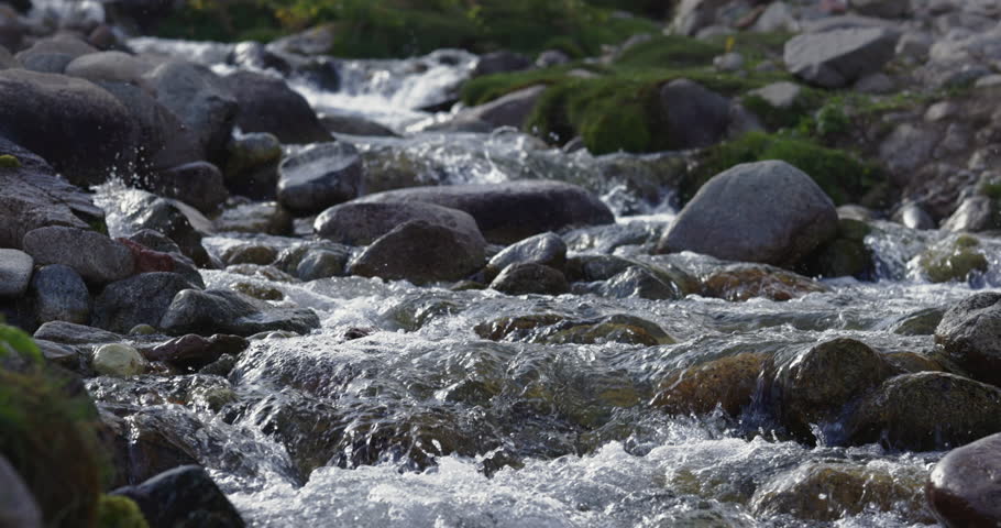 Mountain stream slow motion. Arashan. Day, overcast, clear water runs over black stones. In the background green mossy vegetation. Cinematic video for background. Amazing mountains landscape no people